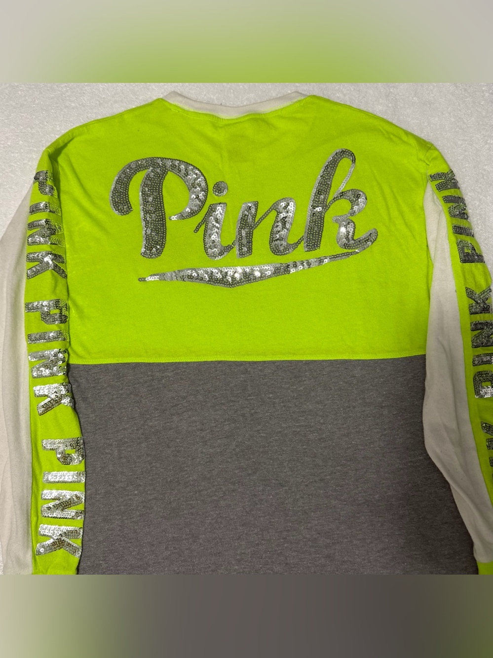 Women PINK Victoria's Secret Neon Green Gray Bling Long Sleeve Tee Size XSmall